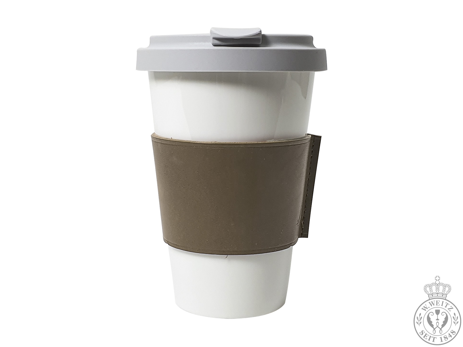 Dibbern Bone China weiß Coffee-To-Go Becher mit taupe farbener Lederbanderole